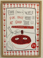 Poster advertising 'Fine Pasta & Wine' with a bowl of pasta and wine glasses border.
