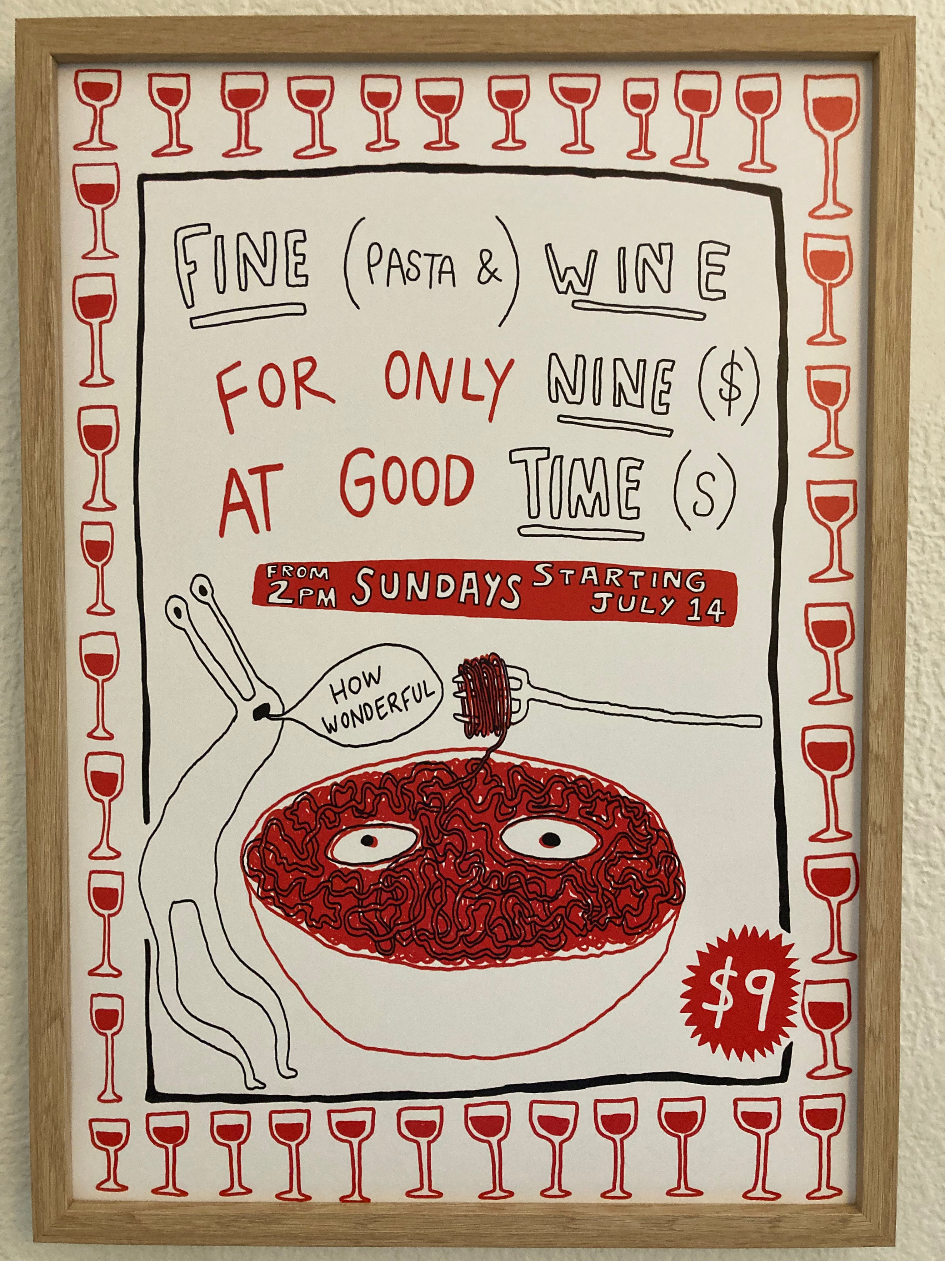 Poster advertising 'Fine Pasta & Wine' with a bowl of pasta and wine glasses border.