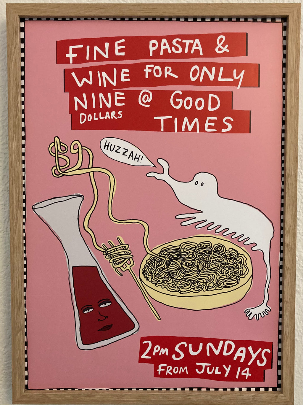 Promotional poster for 'Fine Pasta & Wine' event with cartoon character and text on pink background